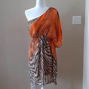 Bisou Bisou Orange Animal Print One Shoulder Dress